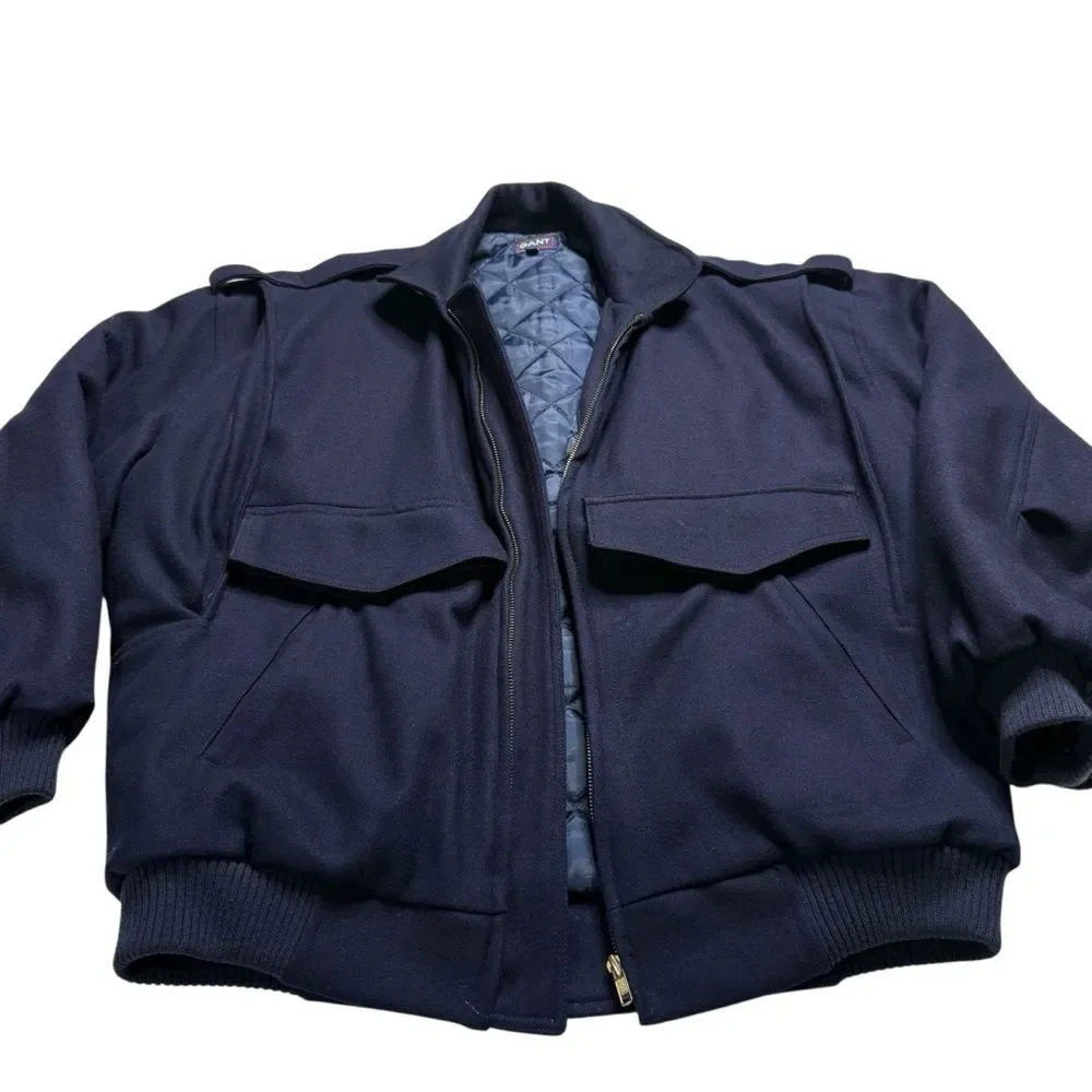 Vintage Gant Heavy Wool Bomber Jacket Quilted Lining Winter Navy Blue Men’s Sz M